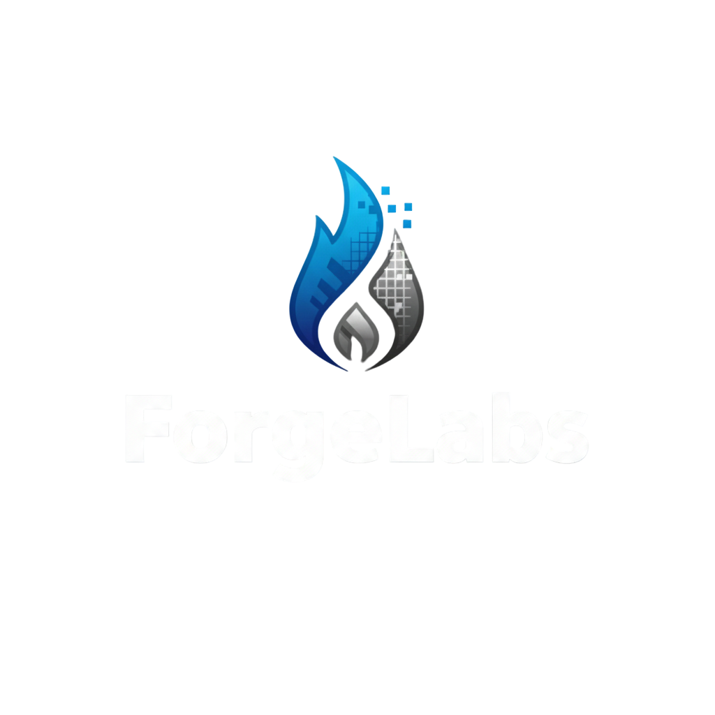 ForgeLabs logo – a blue and charcoal digital flame with grid accents